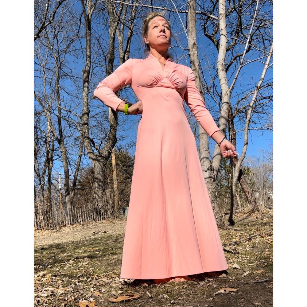Vintage 60s Peach Coral Polyester A Line Long Sleeve Maxi Dress